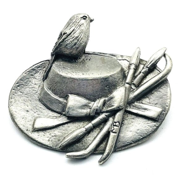 Marjolein Bastin Signed Artist Hat Pin Pewter Tone Bird Paintbrushes Classic - Picture 1 of 7